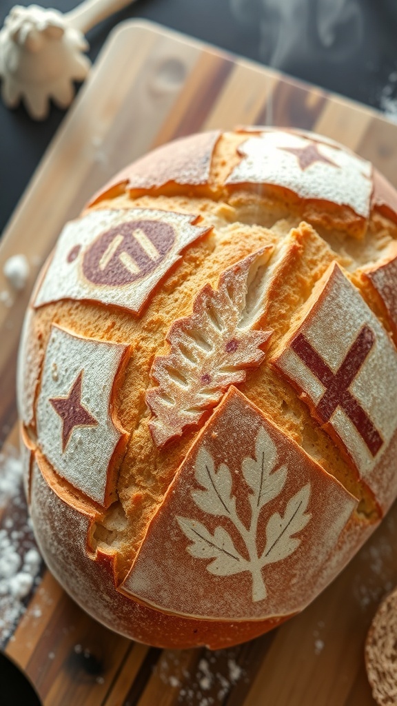 A freshly baked sourdough loaf with intricate scoring patterns on a wooden board.